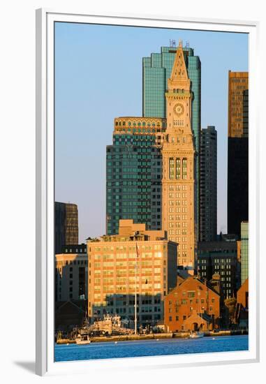 The Customs House Clock Tower and Boston skyline at sunrise, as seen from South Boston, Massachu...-null-Framed Premium Photographic Print