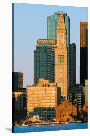 The Customs House Clock Tower and Boston skyline at sunrise, as seen from South Boston, Massachu...-null-Stretched Canvas