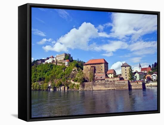 The Danube River Flows in Front of Veste Oberhaus Castle, Passau, Germany-Miva Stock-Framed Stretched Canvas