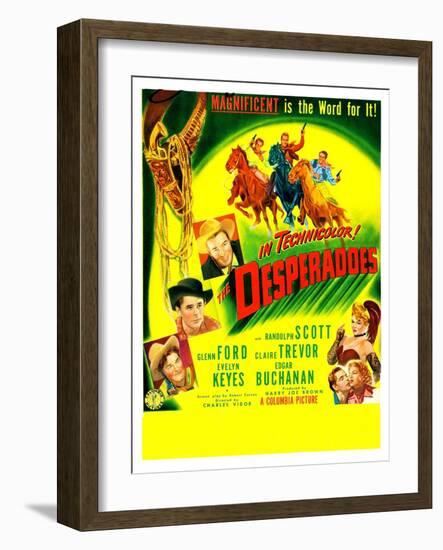 THE DESPERADOES, US poster, left from bottom: Guinn Williams, Glenn Ford, Randolph Scott,-null-Framed Art Print