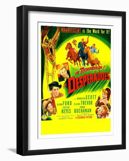 THE DESPERADOES, US poster, left from bottom: Guinn Williams, Glenn Ford, Randolph Scott,-null-Framed Art Print