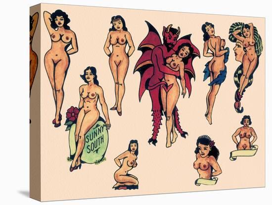 The Devil & His Ladies Authentic Mid-Century Tattoo Flash-null-Stretched Canvas