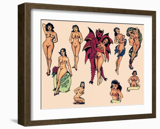 The Devil & His Ladies Authentic Mid-Century Tattoo Flash-null-Framed Art Print