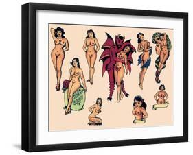 The Devil & His Ladies Authentic Mid-Century Tattoo Flash-null-Framed Art Print