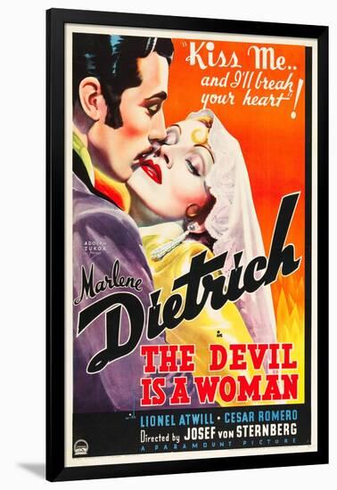 THE DEVIL IS A WOMAN, from left: Cesar Romero, Marlene Dietrich, 1935-null-Framed Art Print