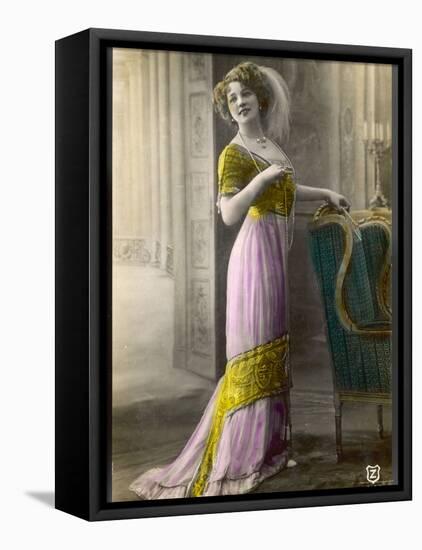 The Directoire, Empire Silhouette: High-Waisted Pink and Gold Gown with an Embroidered Corsage-null-Framed Stretched Canvas