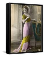 The Directoire, Empire Silhouette: High-Waisted Pink and Gold Gown with an Embroidered Corsage-null-Framed Stretched Canvas