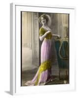 The Directoire, Empire Silhouette: High-Waisted Pink and Gold Gown with an Embroidered Corsage-null-Framed Photographic Print