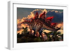The Distinctive Shape of Stegosaurus Stands Out Against the Sunset-null-Framed Art Print