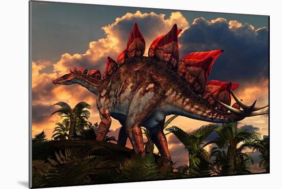 The Distinctive Shape of Stegosaurus Stands Out Against the Sunset-null-Mounted Art Print