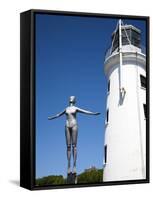 The Diving Belle Sculpture and Lighthouse on Vincents Pier, Scarborough, North Yorkshire, England-Mark Sunderland-Framed Stretched Canvas