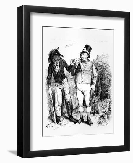 The Dog and the Wolf, Illustration for 'Fables' of La Fontaine, Published by H. Fournier Aine, 1838-J.J. Grandville-Framed Premium Giclee Print