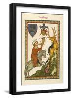 The Dogs Secure Their Catch While a Gentleman on Horseback Blows the Hunting Horn-Hans Naumann-Framed Art Print