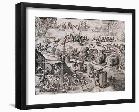 The Dutch Fleet Attack the Spanish Fortress of Gratiosa on Gran Canaria-Theodore de Bry-Framed Giclee Print