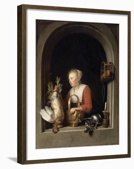 The Dutch Housewife Or, the Woman Hanging a Cockerel in the Window, 1650-Gerrit or Gerard Dou-Framed Giclee Print