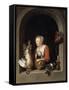 The Dutch Housewife Or, the Woman Hanging a Cockerel in the Window, 1650-Gerrit or Gerard Dou-Framed Stretched Canvas