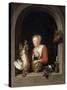 The Dutch Housewife Or, the Woman Hanging a Cockerel in the Window, 1650-Gerrit or Gerard Dou-Stretched Canvas