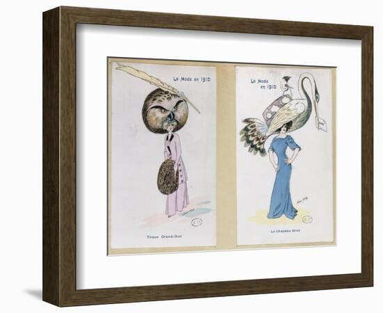 The Eagle Owl Fur Hat" and "The Crane Hat," Cartoon Fashion Plates, 1910-Xavier Sager-Framed Giclee Print