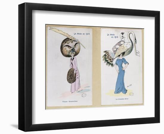 The Eagle Owl Fur Hat" and "The Crane Hat," Cartoon Fashion Plates, 1910-Xavier Sager-Framed Giclee Print