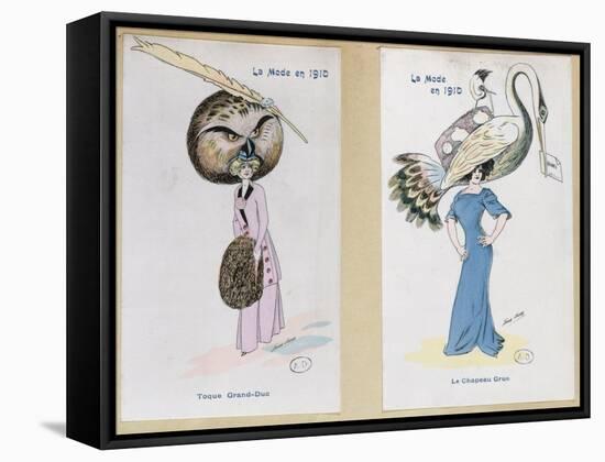 The Eagle Owl Fur Hat" and "The Crane Hat," Cartoon Fashion Plates, 1910-Xavier Sager-Framed Stretched Canvas