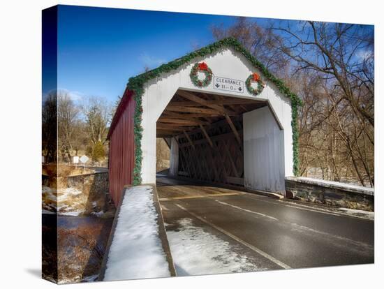The Erwina Covered Bridge During Winter Season, Bucks County, Pennsylvania-George Oze-Stretched Canvas