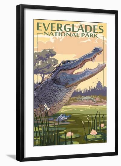The Everglades National Park, Florida - Alligator Scene-Lantern Press-Framed Art Print