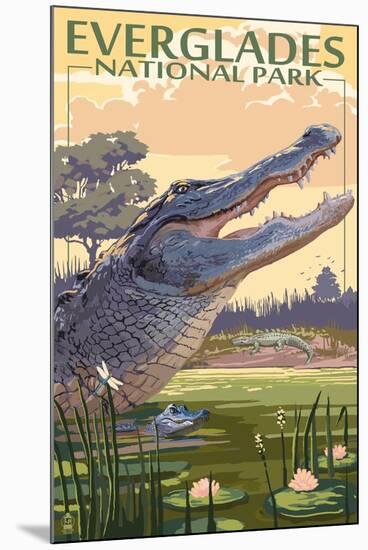 The Everglades National Park, Florida - Alligator Scene-Lantern Press-Mounted Art Print