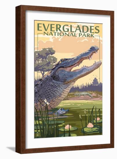 The Everglades National Park, Florida - Alligator Scene-Lantern Press-Framed Art Print