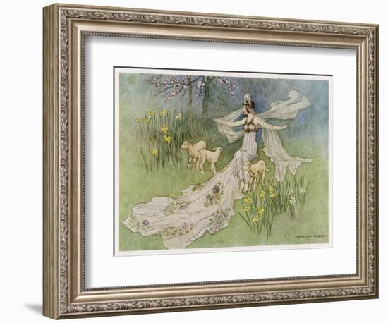 The Fairy Coquette, with Three Wolves Which She Has Just Transformed into Lambs-Warwick Goble-Framed Art Print