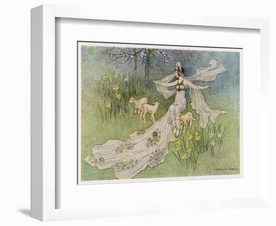 The Fairy Coquette, with Three Wolves Which She Has Just Transformed into Lambs-Warwick Goble-Framed Art Print