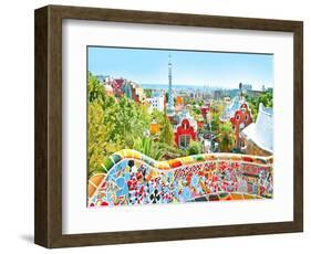 The Famous Summer Park Guell Over Bright Blue Sky In Barcelona, Spain-Vladitto-Framed Art Print