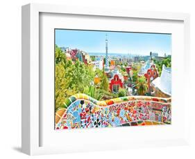 The Famous Summer Park Guell Over Bright Blue Sky In Barcelona, Spain-Vladitto-Framed Art Print