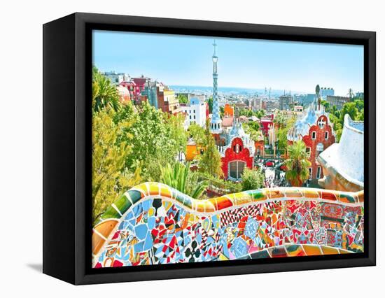 The Famous Summer Park Guell Over Bright Blue Sky In Barcelona, Spain-Vladitto-Framed Stretched Canvas