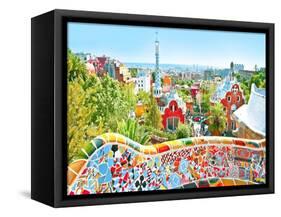 The Famous Summer Park Guell Over Bright Blue Sky In Barcelona, Spain-Vladitto-Framed Stretched Canvas