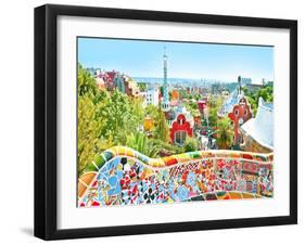 The Famous Summer Park Guell Over Bright Blue Sky In Barcelona, Spain-Vladitto-Framed Art Print