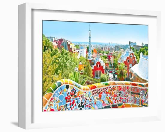 The Famous Summer Park Guell Over Bright Blue Sky In Barcelona, Spain-Vladitto-Framed Art Print