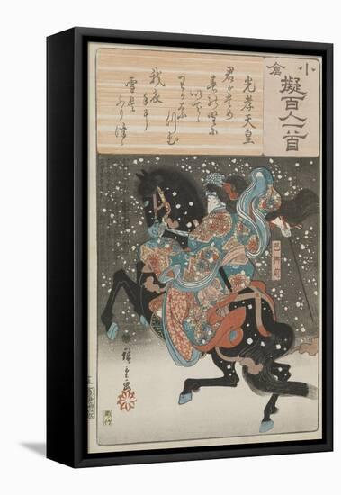 The female samurai warrior Tomoe Gozen with a poem by Emperor Koko, 1845-46-Ando or Utagawa Hiroshige-Framed Stretched Canvas