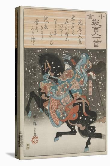 The female samurai warrior Tomoe Gozen with a poem by Emperor Koko, 1845-46-Ando or Utagawa Hiroshige-Stretched Canvas