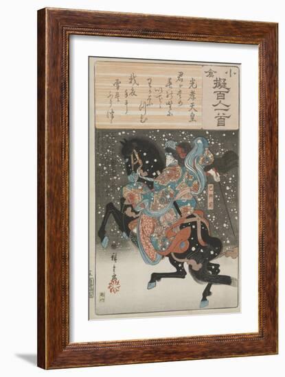 The female samurai warrior Tomoe Gozen with a poem by Emperor Koko, 1845-46-Ando or Utagawa Hiroshige-Framed Giclee Print