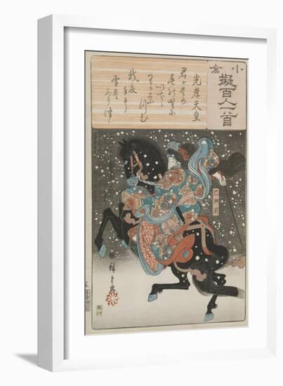 The female samurai warrior Tomoe Gozen with a poem by Emperor Koko, 1845-46-Ando or Utagawa Hiroshige-Framed Giclee Print