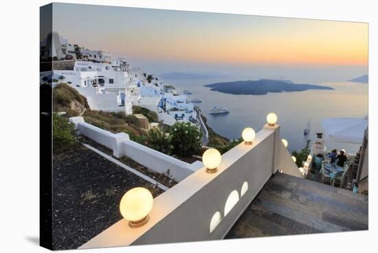 The Fiery Red Sky on the Aegean Sea after Sunset Seen from the Typical Terraces of Firostefani-Roberto Moiola-Stretched Canvas