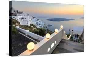 The Fiery Red Sky on the Aegean Sea after Sunset Seen from the Typical Terraces of Firostefani-Roberto Moiola-Stretched Canvas