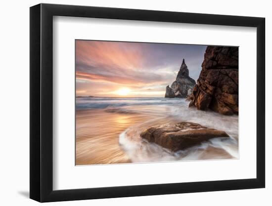The Fiery Sky at Sunset Is Reflected on the Ocean Waves and Cliffs, Praia Da Ursa, Cabo Da Roca-Roberto Moiola-Framed Photographic Print