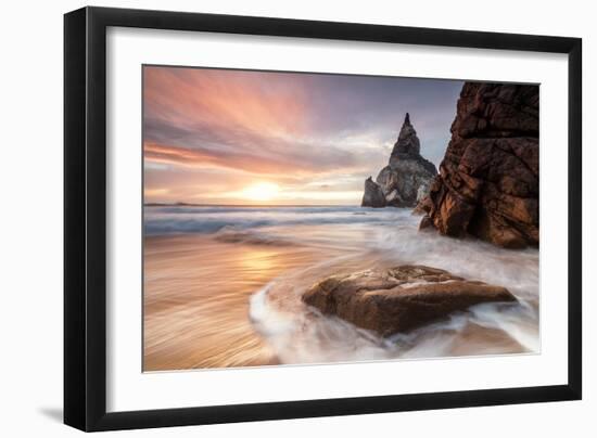 The Fiery Sky at Sunset Is Reflected on the Ocean Waves and Cliffs, Praia Da Ursa, Cabo Da Roca-Roberto Moiola-Framed Photographic Print