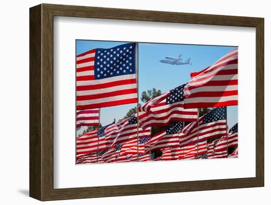 The final flight of the Space Shuttle Columbia flies on 9/21/12 over US Flags at Peperdine Unive...-null-Framed Photographic Print