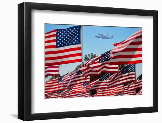 The final flight of the Space Shuttle Columbia flies on 9/21/12 over US Flags at Peperdine Unive...-null-Framed Photographic Print