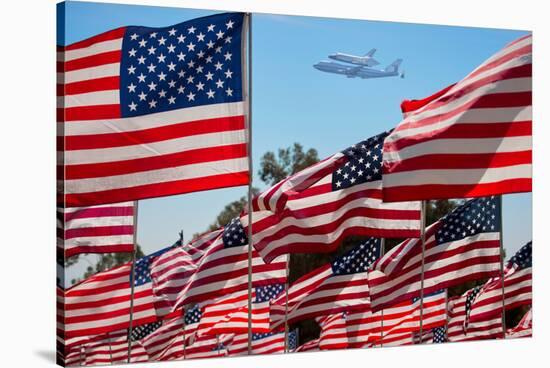 The final flight of the Space Shuttle Columbia flies on 9/21/12 over US Flags at Peperdine Unive...-null-Stretched Canvas