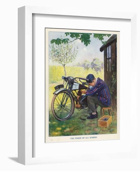 "The Finest of All Hobbies", a Boy Tinkers with His Motor Bike-Algernon Fovie-Framed Art Print