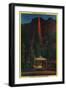 The Fire Fall from Glacier Point, Camp Curry in Foreground - Yosemite, CA-Lantern Press-Framed Art Print