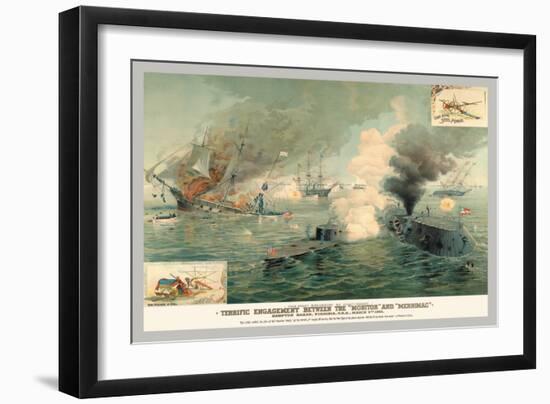 The First Encounter of Ironclads Monitor and Merrimac-null-Framed Art Print